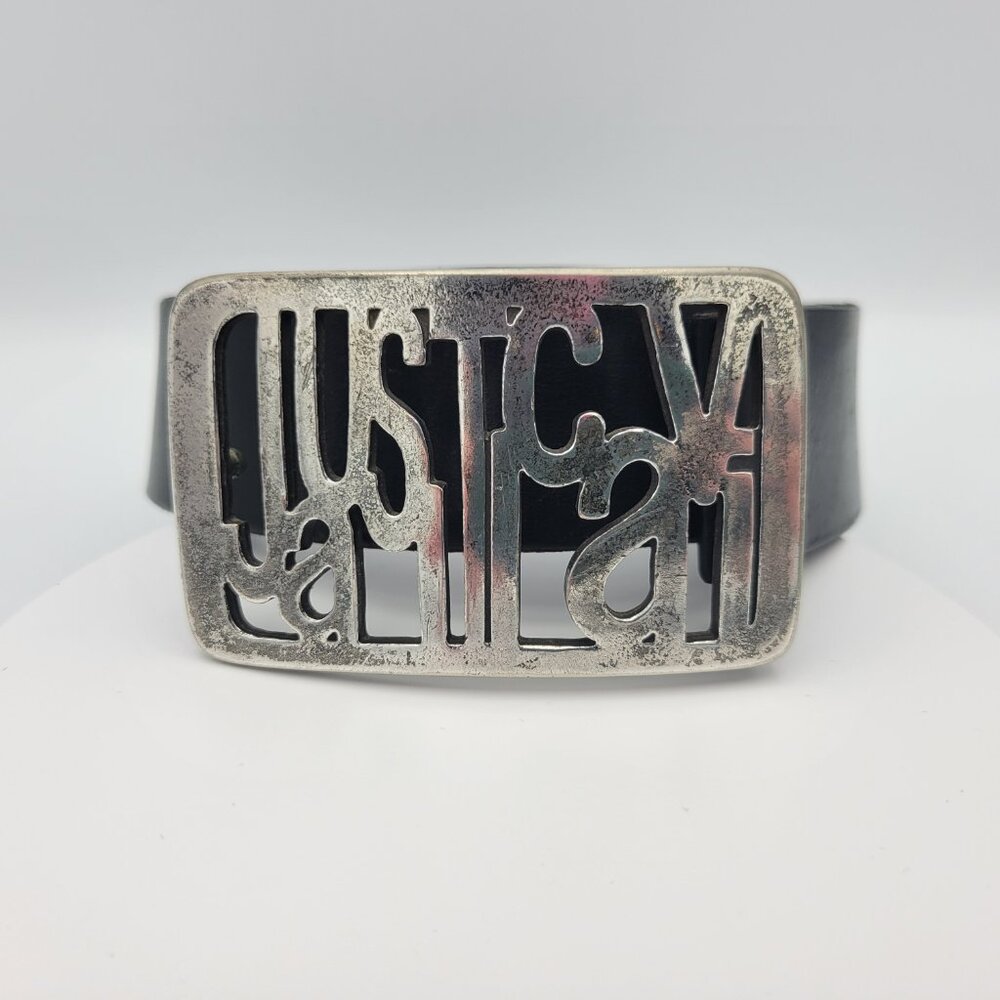JUSTCAVALLI SILVER BELT BUCKLE WITH BLACK LEATHER BELT SIZE:85
